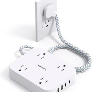 Flat Plug Power Strip 5ft Extension Cord with 4 USB Ports 4 Outlets Wall Mount E